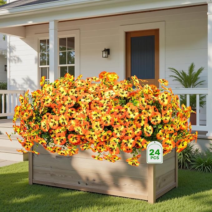 24 Pcs Artificial Fake Pansy Flowers for Outdoor,Faux Silk Plants Flowers UV Resistant Pansies Spring Flowers for Planter Front Door Porch Yard Patio garden Window Box Home Decor(Orange Yellow)