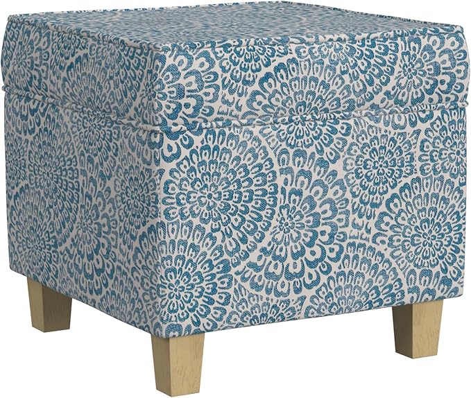 Homepop Home Decor Classic Square Storage Ottoman with Lift Off Lid | Ottoman with Storage for Living Room & Bedroom, Blue and Cream Modern Floral