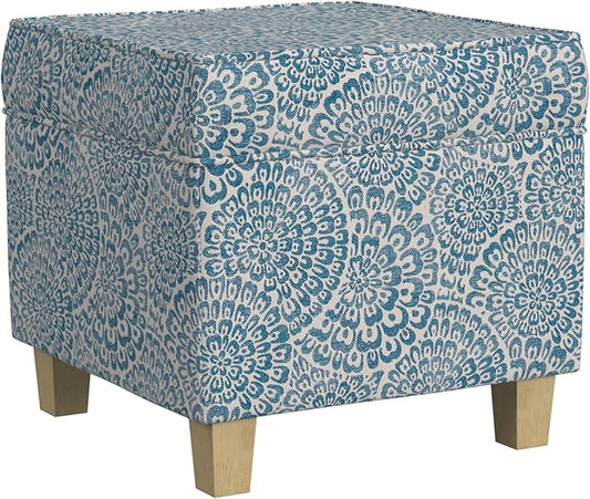 Homepop Home Decor Classic Square Storage Ottoman with Lift Off Lid | Ottoman with Storage for Living Room & Bedroom, Blue and Cream Modern Floral