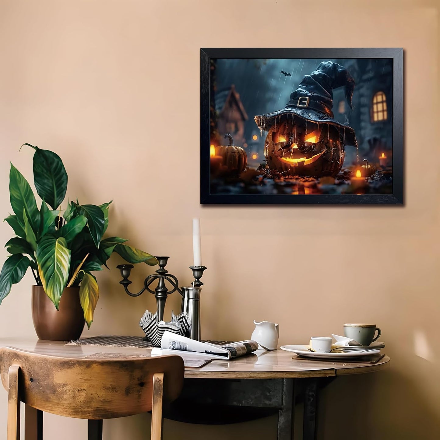Wood Framed Dark Halloween Pumpkin Wall Art, Gothic Witch Hat Jack-o'-Lantern Canvas Print, Dark Academia Spooky Haunted House Poster Wall Art for Living Room Bedroom Room Aesthetics 12x16 inch