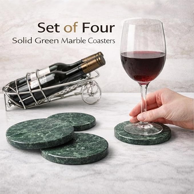 Creative Home Genuine Green Marble Stone Set of 4 Round Coaster Set