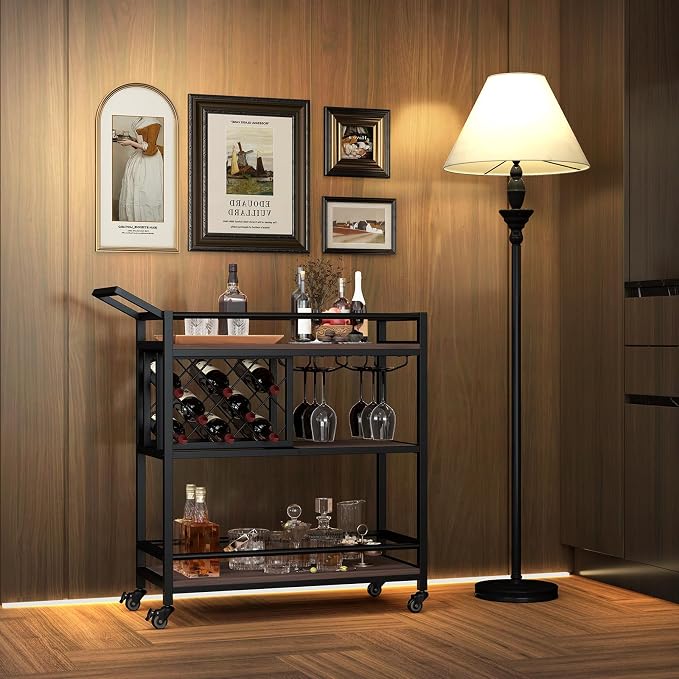 GOFLAME 3-Tier Bar Cart, Industrial Serving Cart with Wine Racks & Glass Holders, Convenient Handle, Rolling Beverage Cart with Metal Frame for Kitchen, Dining Room, Living Room, Brown