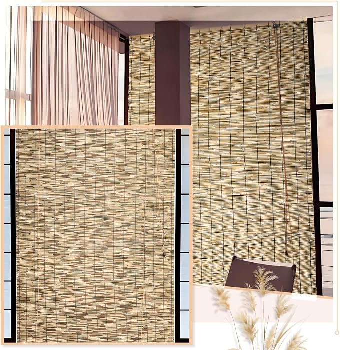 Reed Roller Shades,2 Pcs 48" W x 72" H Waterproof Privacy Screen Bamboo Outdoor Blind, Reed Curtain for Porch, Patio, Yard, Windows (Natural)