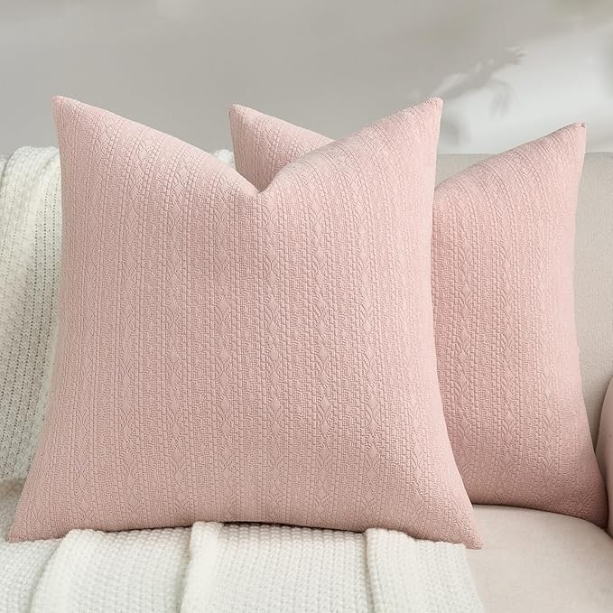 FUTEI Pink Chenille Throw Pillow Covers 18x18 Inch Set of 2,Soft Striped & Diamond Textured Cushion Cases,Modern Home Decor for Couch Living Room