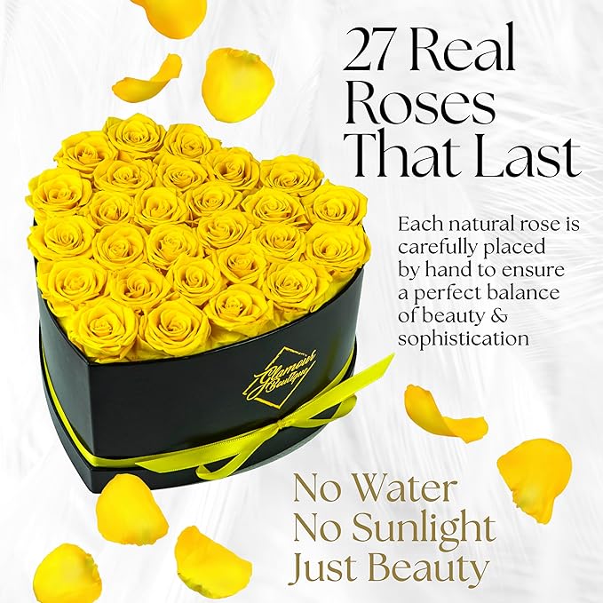 GLAMOUR BOUTIQUE 27 Flower Forever Heart Shape Box, Eternal Preserved Roses Gift for Her, Lasting Flowers, Premium Floral Heart Box for Birthday, Anniversary or Valentine’s Day, Yellow (Color-Treated)