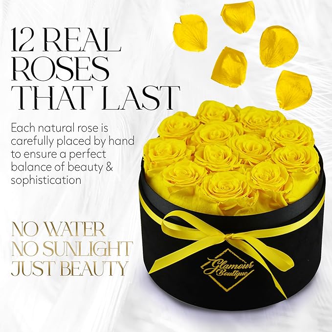 GLAMOUR BOUTIQUE Flowers Forever Gift Box, 12 Real Preserved Roses in Velvet Box, Floral Gift for Her, Mom or Wife for Birthday, Mother’s Day, Anniversary or Graduation, Yellow (Color-Treated)