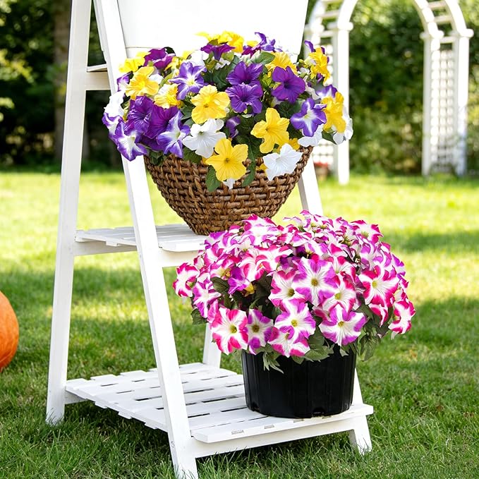 FULLMUSIC Spring Artificial Flowers for Outdoors, UV Resistant Fake Morning Glory, Look Real Faux Silk Plants for Front Door Garden Porch Planter