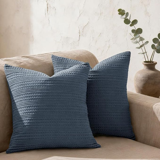 18x18 Throw Pillow Covers Set of 2 Boho Decorative Pillow Shams Stone Washed Cotton Pillowcase Waffle Square for Couch Sofa Chair Bed Car, Blue Grey