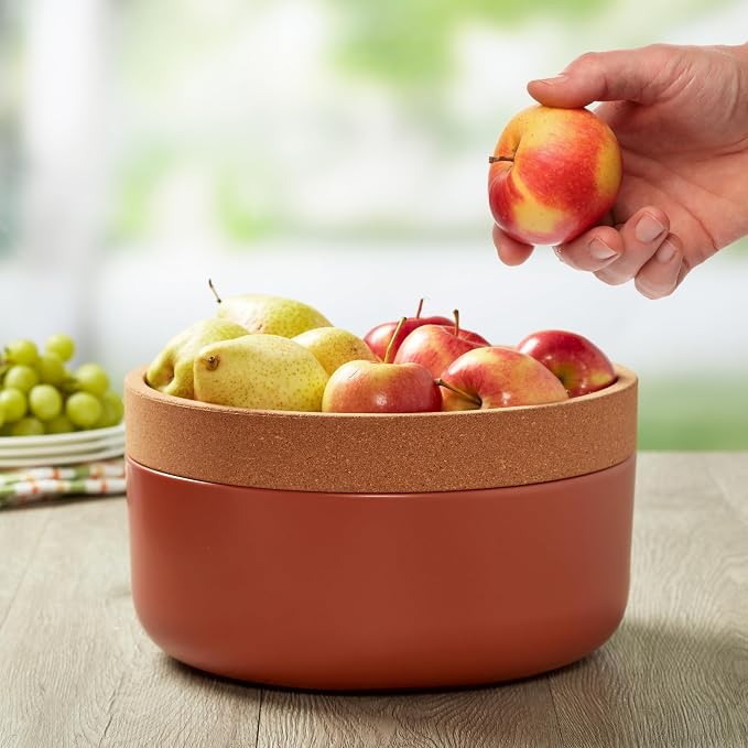 Kamenstein Ceramic and Cork Large Breathable Produce Bowl with Lid, Nautral Cork and Terra Cotta Ceramic, 11 x 11 x 6 Inch
