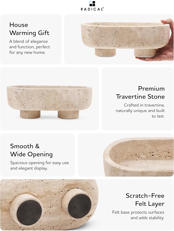 Radicaln Marble Oval Bowl With Stand 10" Inches Travertine Handmade Decorative Bowl, Ideal Key Bowl & Candle Holder, Candy and fruit Dish For Kitchen Countertop
