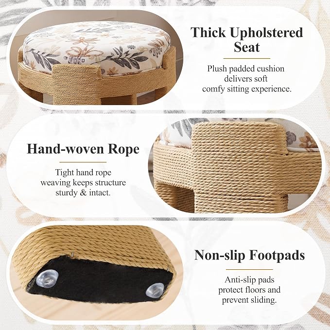Round Vanity Chair, Boho Hand-Woven Rope Upholstered Accent Foot Stool Ottoman Fully Assembled for Bedroom Living Room Entryway, Floral Linen