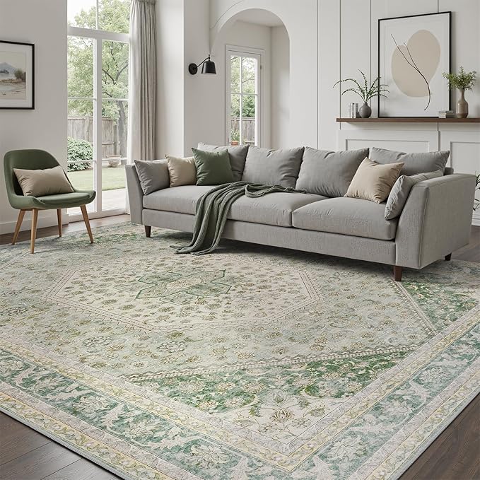 DCX Green 6x9 Area Rug, Machine Washable Non Slip Stain Resistant Vintage Rug for Living Room, Bedroom, Playroom, Soft Low Pile Large Nursery Carpet