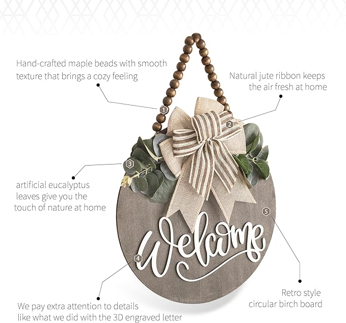Welcome Sign for Front Door Wreath Decorations for All Seasons Front Porch Decor Hanging Gift for Farmhuose Home Outdoor Indoor(Welcome)