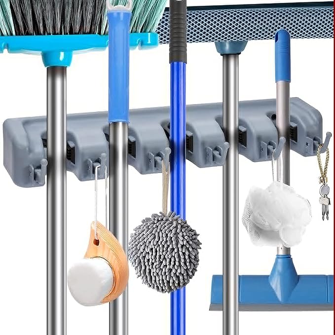 Berry Ave 5 Racks 6 Hooks Mop and Broom Holder Wall Mount, Broom Organizer Storage Tool Rack, Heavy Duty Wall Mount for Brooms and Mops, Utility Closet Garage Kitchen Laundry Organizer