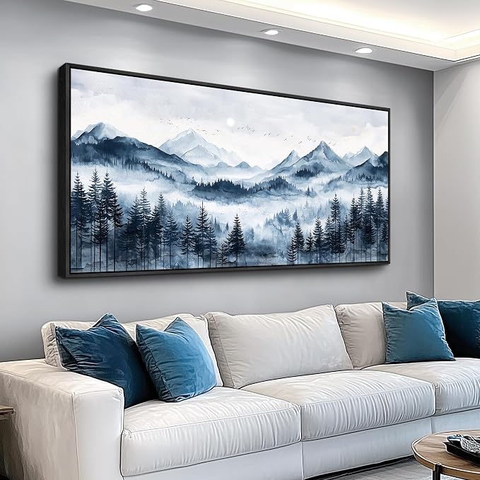 ERQINHUA Black Framed Canvas Wall Art For Bedroom Large Wall Decor For Living Room Modern Office Home Decorations Printed Misty and Fog Forest Painting Mountain Landscape Wall Aesthetics 24x48 In