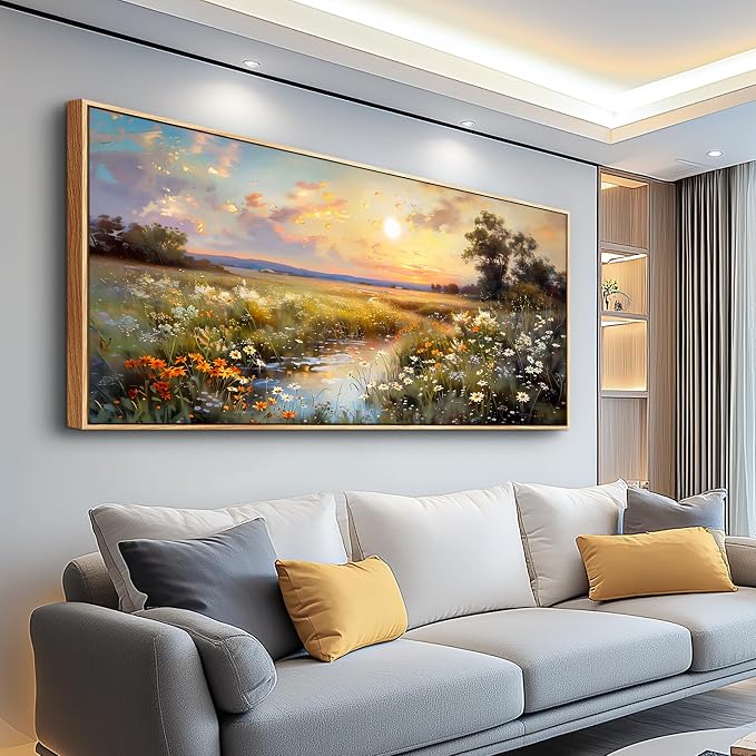 hyidecorart Large Framed Wall Art, Landscape Wall Art, Nature Wall Decor, Wildflowers Scenery Painting Prints, French Country Pictures for Living Room Bedroom Modern Farmhouse Decorations 32x72 In