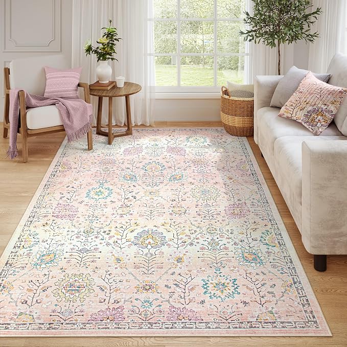 Lahome Girls Bedroom Pink Rug 6x9, Soft Washable Floral Area Rug, Non Slip Light Pink Carpet for Dorm Room, Playroom, Kids Room, Nursery and Classroom Decor