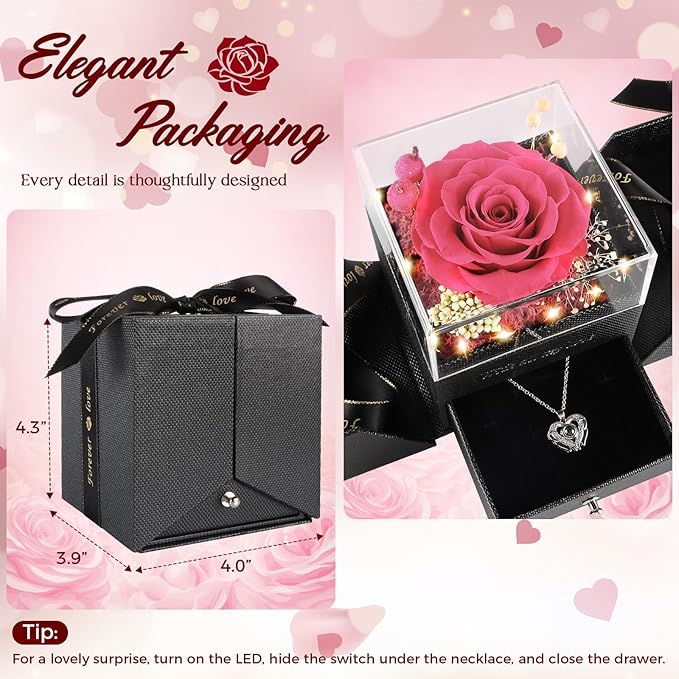 TranquilBliss Gifts for Mom, Preserved Real Pink Rose Gift Box with Heart Necklace,“I Love You” in 100 Languages, I Love You Eternal Flowers Rose Gift Set for Mother's Day, Anniversary