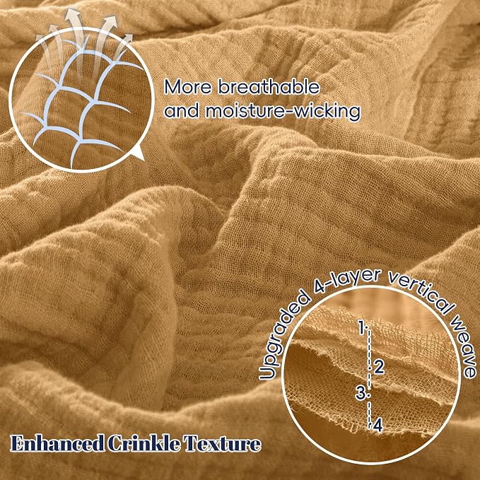 PHF 100% Cotton Muslin Throw XL Blanket Large 50" x 70", 4-Layer Lightweight Gauze Throw, Breathable Cloud-Soft Minimalist Blanket for Bed, Couch, Camping & Baby, Amber, Ideal Gift