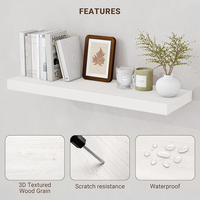 Acovy 36 Inch Floating Shelves, 36"x9.25"x1.5" Inch Deep Floating Shelves for Wall, Wooden Shelves for Bathroom, Bedroom, Living Room, Cream White Oak, 2 Pieces