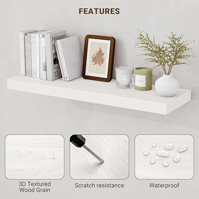 Acovy 16 Inch Floating Shelves, 16"x9.25"x1.5" Inch Deep Floating Shelves for Wall, Wooden Shelves for Bathroom, Bedroom, Living Room, Cream White Oak, 2 Pieces