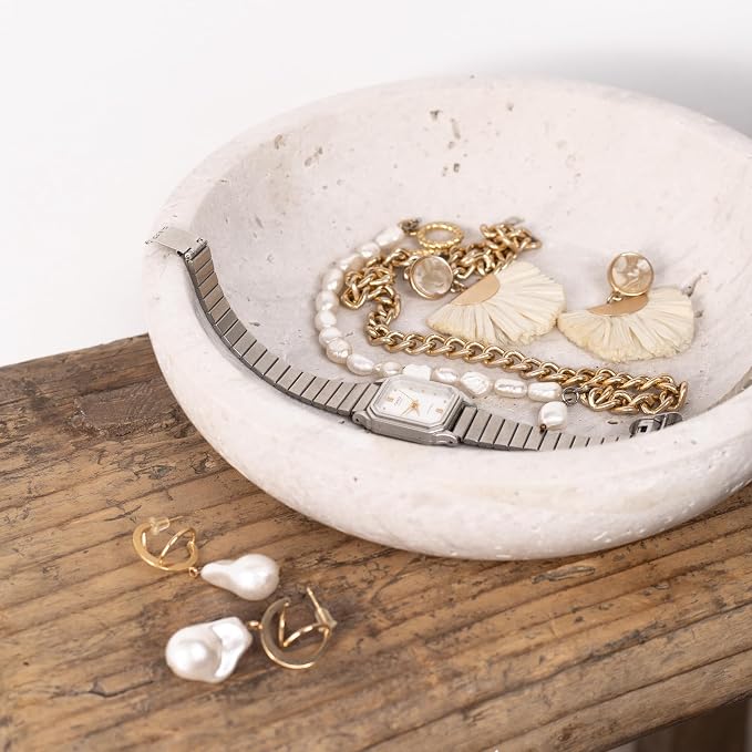 Shelf & Nook Travertine Decorative Bowls for Home Decor. Key Bowl for Entryway Table in a Choice of 5 Colors (White/Gray, Small)