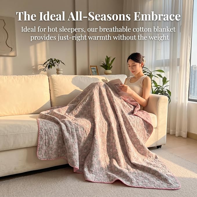 NIDITW Checkerboard Cotton Muslin Throw Blanket for Couch 6-Layer Checkered Gauze Blanket Soft Breathable All Season for Couch Bed Sofa (Pink Printing, King)