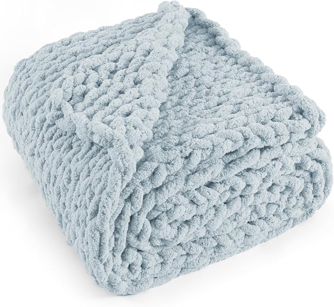 Chunky Knit Throw Blanket 60x80, 100% Handmade Chenille Yarn | 6.7lbs Soft Thick Cable Knitted Blankets, Large Rope Knot Crochet Throws for Couch Sofa Bed Machine Washable, Light Blue