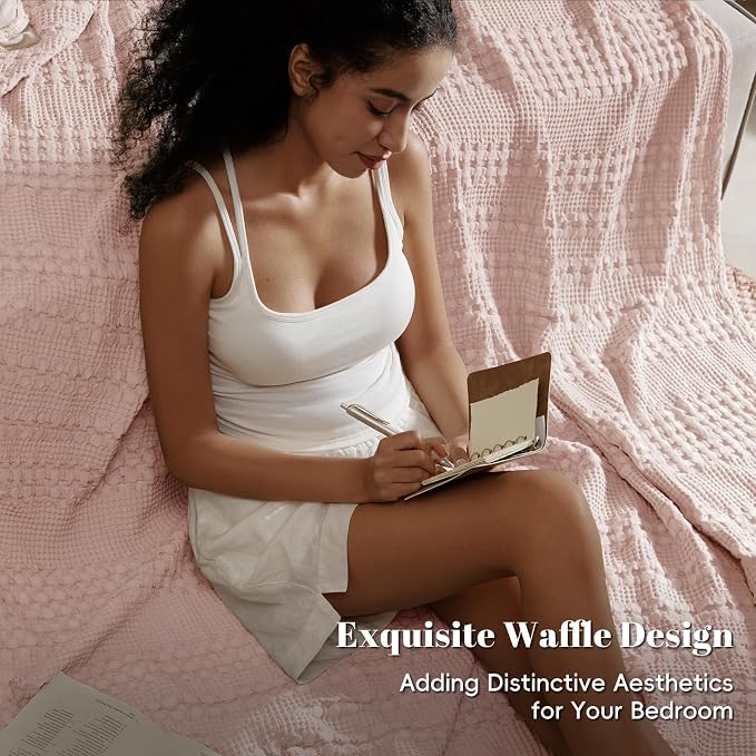 PHF 100% Cotton Waffle Blanket Queen Size for Bed, Lightweight Breathable and Soft for Summer, Luxury Aesthetic Waffle Weave Blanket for Home Decor & Gifts for Women, 90"x90", Pink/Mauve