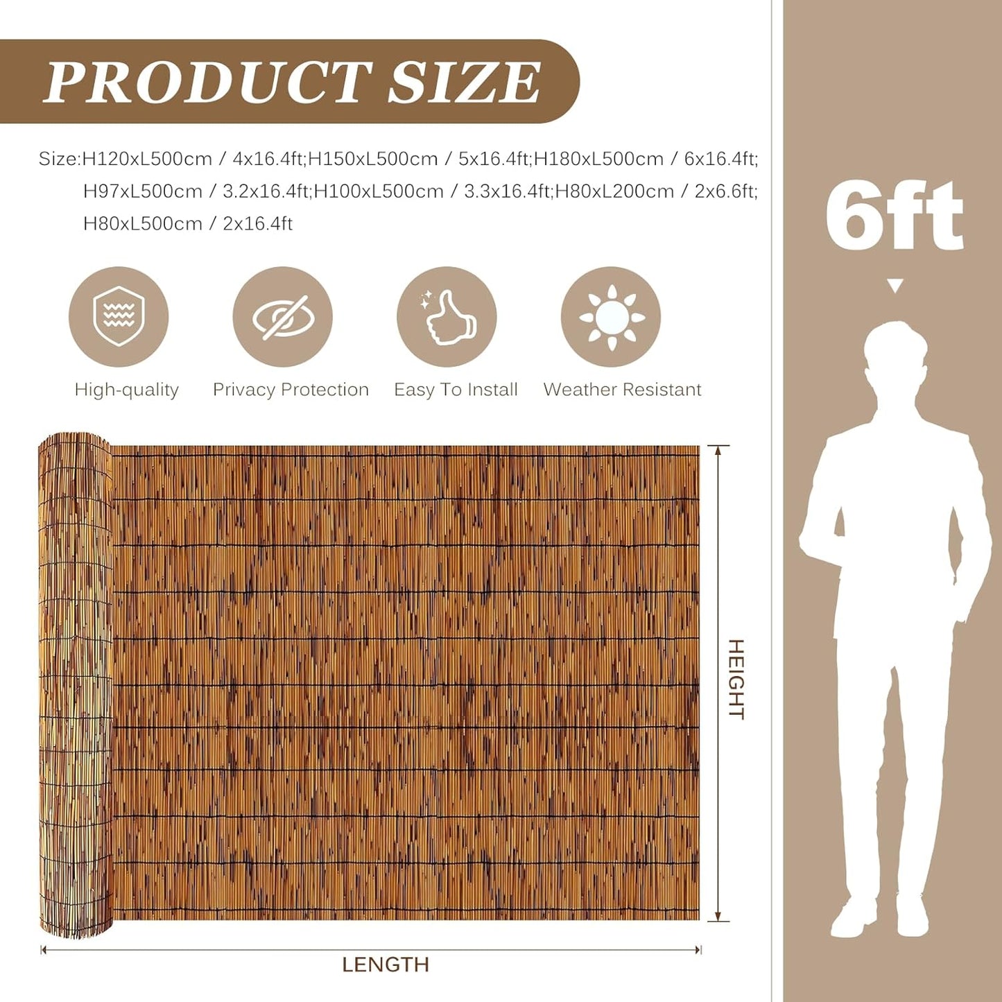 Natural Reed Fencing Rolls: Privacy Bamboo Fence 3/4/5/6ft High Roll Reed Screen, Decorative Bamboo Fencing for Outdoor Balcony Patio Garden Backyard,with Cable Zip Ties(Coffee, 6x10ft)