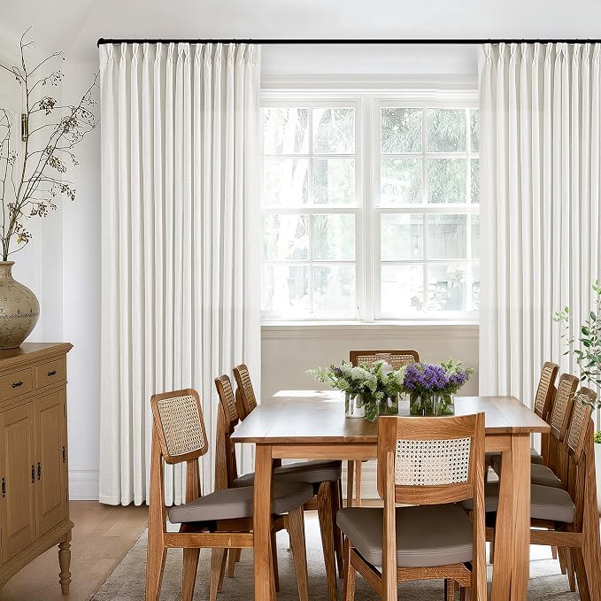 Thick Linen Semi Sheer Curtains 90 Inches Long for Living Room Bedroom Light Filtering Beige Off White Textured Burlap Pinch Pleated Curtains 90 Length Hooks Rings Back Tab for Sliding Door 2 Panels