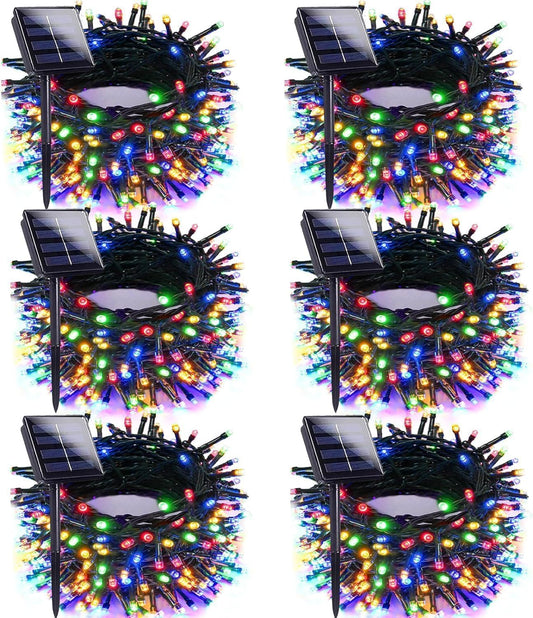 Multicolor Solar Christmas Lights Outdoor Decorations Waterproof, Tatal 6 Pack 600LED 198FT Solar String Lights Green Wire with 8 Modes, Christmas Fairy Light for Xmas Tree Party Wedding Garden Decor