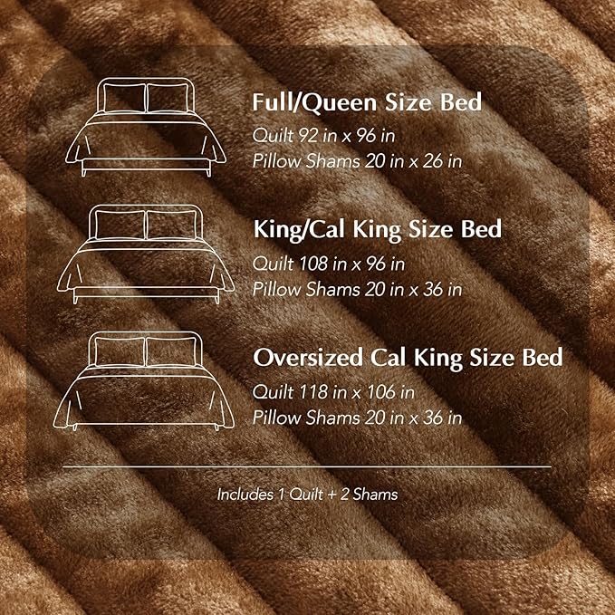 EverGrace Velvet Quilt Set California King 118'' x 106'', Luxurious Soft Striped Channel Bedding Set, Lightweight Velvet Comforter for All Season, Oversized Bedspread Coverlet w/ 2 Shams, Dark Brown