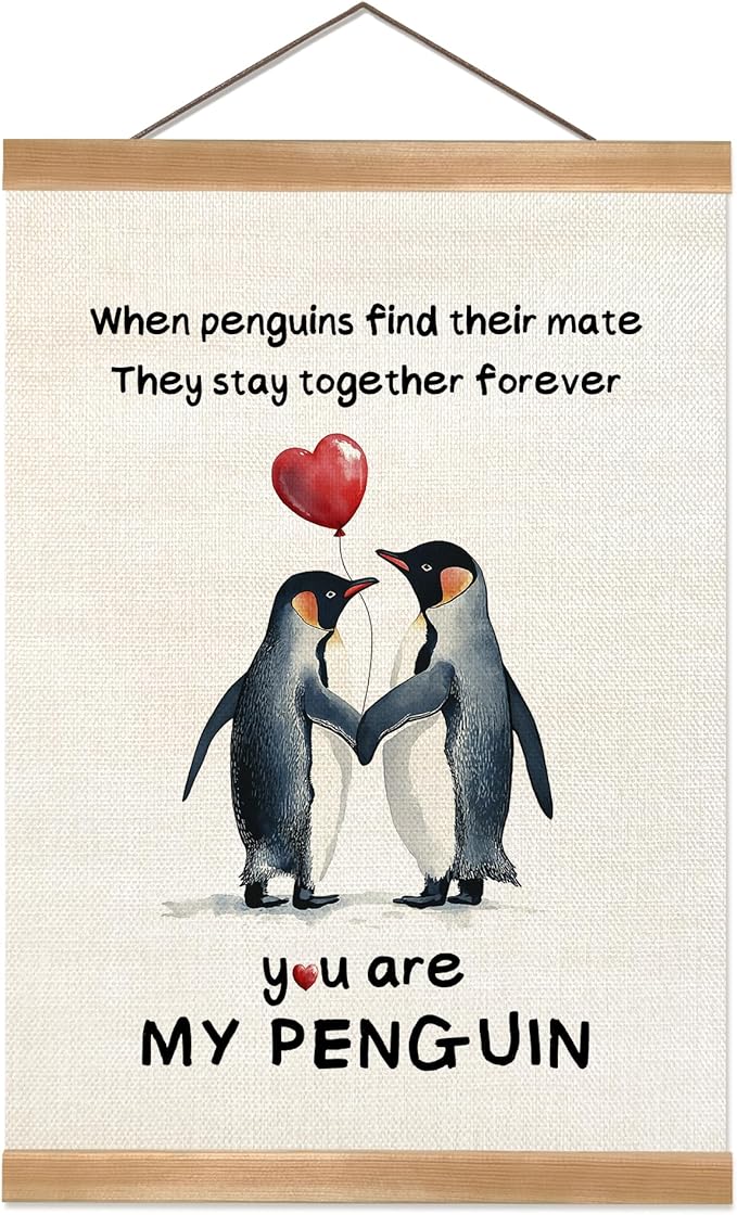 Penguin Love Canvas Wall Art, Romantic Couple Poster with Wooden Frame, Hanging Home Decor,Cute Penguins Poster Gifts for Wife,Husband,Boyfriend and Girlfriend,or Valentine's Day Gift 12x16inches