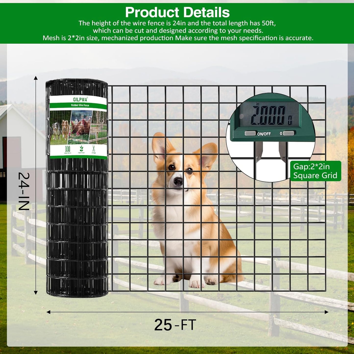 Wire Fence, 36 in(H) X 25 ft(L) PVC Coated Welded Wire Fencing 2" X 2" 16GA Garden Border Vinyl Metal Chicken Wire Fencing Mesh Roll for Yard Vegetable Plant Protection Poultry Netting Black