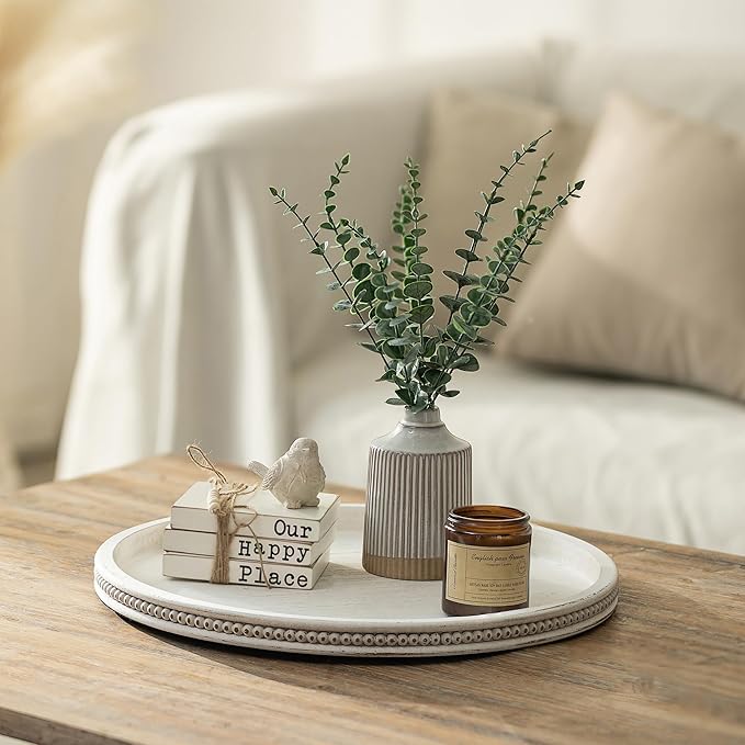 Hanobe Large Round Decorative Tray: 45cm White Coffee Table Beaded Tray Circle Rustic Big Wood Trays Decor Farmhouse Ottoman Vintage Centerpiece Serving Home for Counter