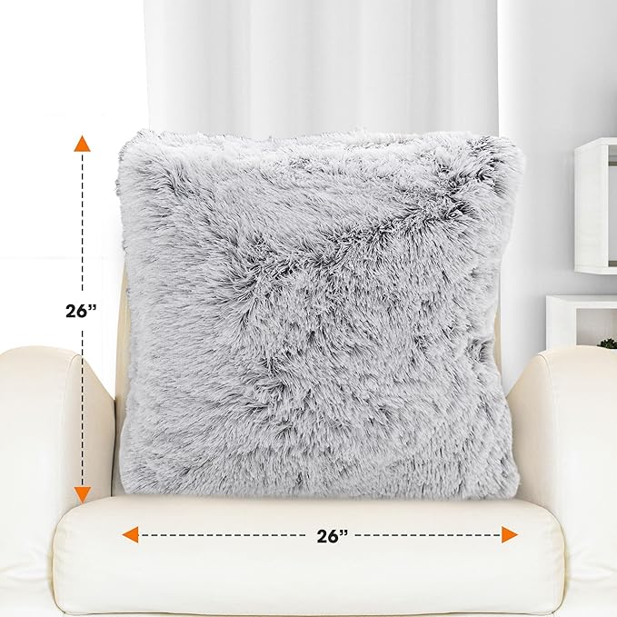 Cheer Collection Throw Pillows for Couch and Bed, Soft Shaggy Throw Pillows with Inserts Included, Cozy Long Hair Faux Fur Pillows - Set of 2-26" x 26" Gray