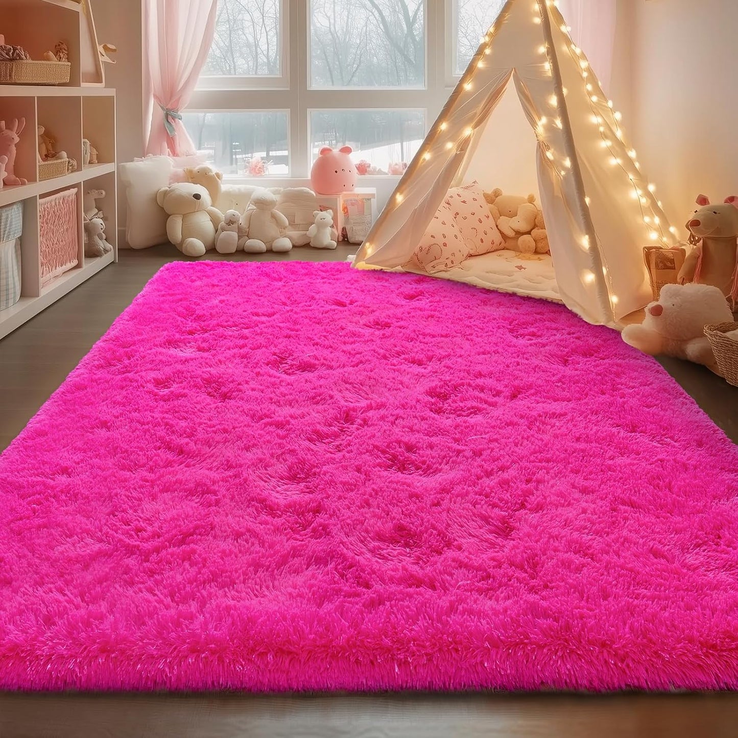 Rezutan Ultra Soft Fluffy Hot Pink Rugs for Bedroom, 4x6 Feet Fluffy Shag Area Rugs for Living Room and Girls Kids Baby Room Decor, Non Slip Nursery Modern Indoor Fuzzy Floor Bedside Carpet