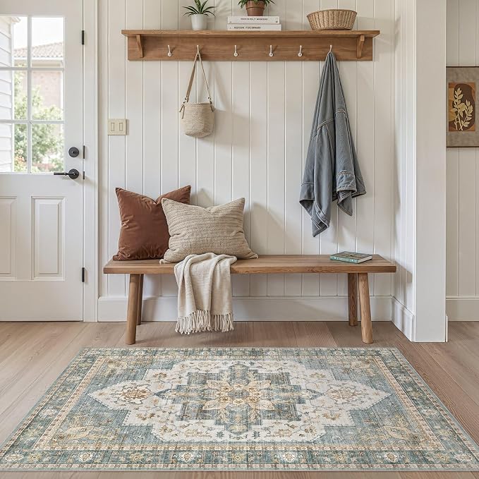 Tortania Area Rug Living Room Rugs - 3x5 Washable Rug Vintage Oriental Distressed Farmhouse Small Thin Indoor Carpet for Living Room Bedroom Under Dining Table Home Office - Muted Teal