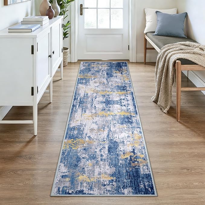 RELEANY Washable Area Rugs 2'6''x8 Non-Slip Modern Abstract Soft for Living Room Entryway Bedroom Nursery, Print Pattern, Grey Blue Gold/Golden