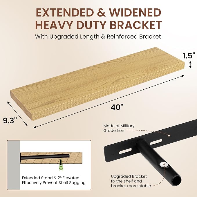 Dreamland 40 Inches Floating Shelves for Wall, 9.3" Deep Long Floating Shelves Set of 2, Large Display & Storage Shelf, Wall Shelf for Bathroom Bedroom Living Room Kitchen Office, Oak