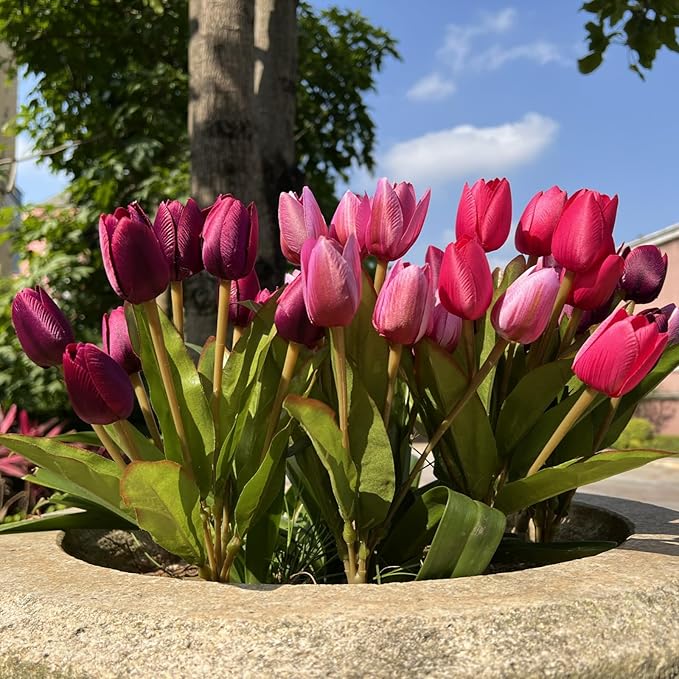 Artificial Fake Flowers for Spring Summer Outdoor Decoration,6 Bundles Realistic UV Resistant Silk Fabric Colorful Tulip Faux Plants for Outside Planter Home Porch Patio Decor(Pink Purple)