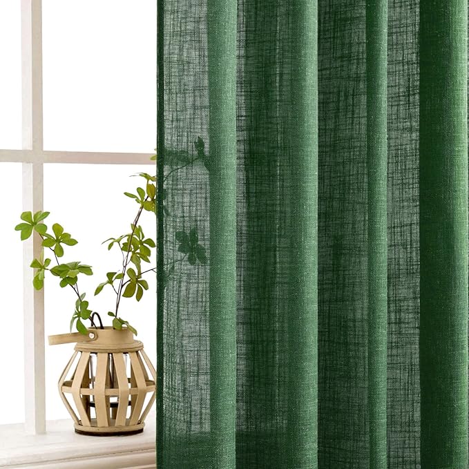 MIULEE Emerald Green Linen Curtains 108 Inches Long for Bedroom Living Room, Soft Thick Linen Textured Window Drapes Semi Sheer Light Filtering Back Tab Rod Pocket Christmas Decor, 2 Panels