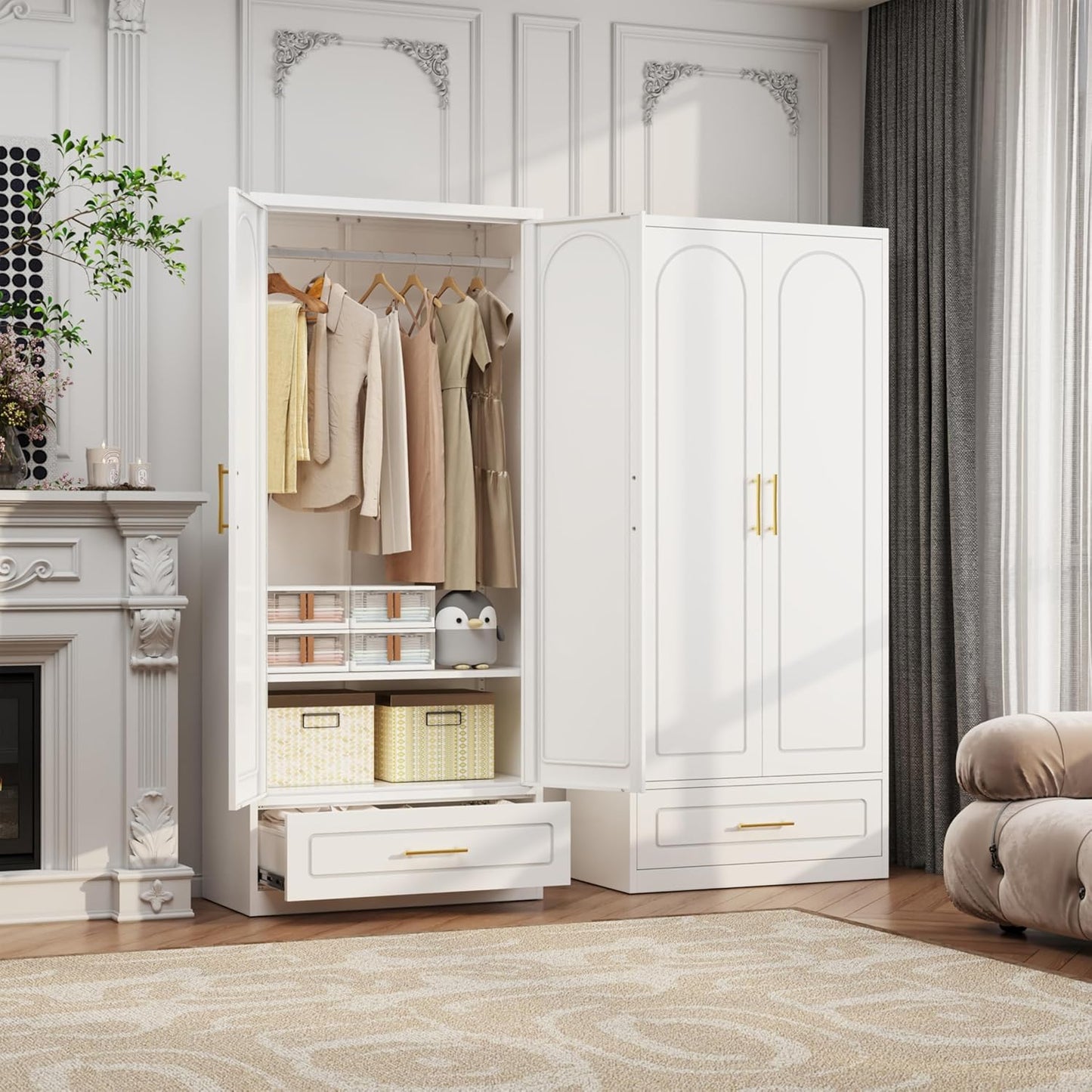 Metal Armoire Wardrobe Closet with 2 Doors, 71" Tall Wardrobe Cabinet with Hanging Rod, Drawers and Adjustable Shelves, White Clothing Storage Cabinets for Bedroom, Home Office