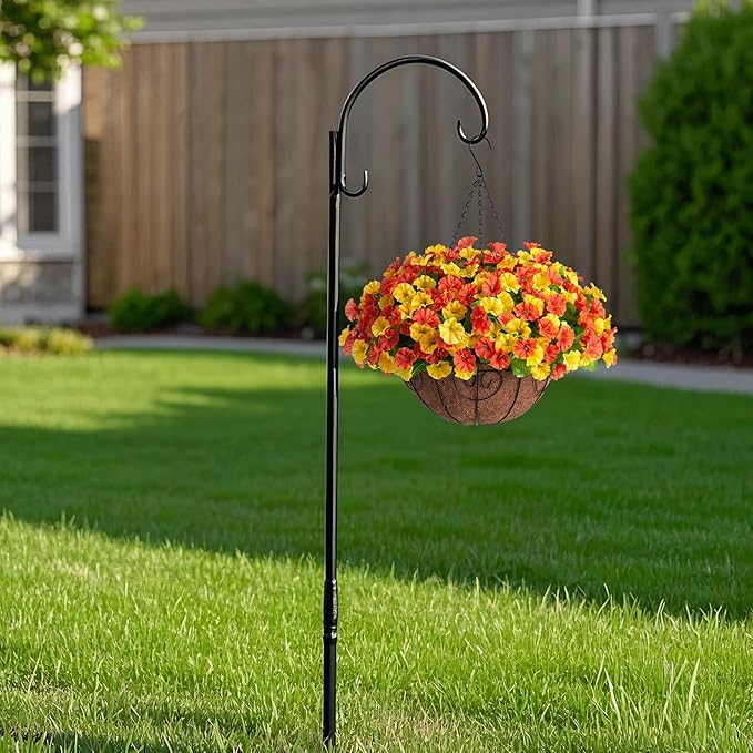 Ammyoo Artificial Hanging Flowers with Basket, Faux Silk Petunias Flower Arrangement, Coconut Lining with Morning Glories Fake Plants Patio Garden Porch Deck Fall Decor(Orange Yellow)