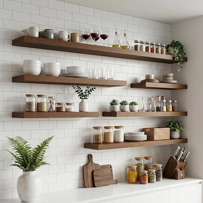 48 Inch Floating Shelves for Wall, 8"D Wood Storage Shelves, Walnut Finish | Engineered Wood, Invisible Bracket, Large Storage, Easy Install, Hold Up to 77lbs, Living Room, Bathroom, Bedroom, Kitchen