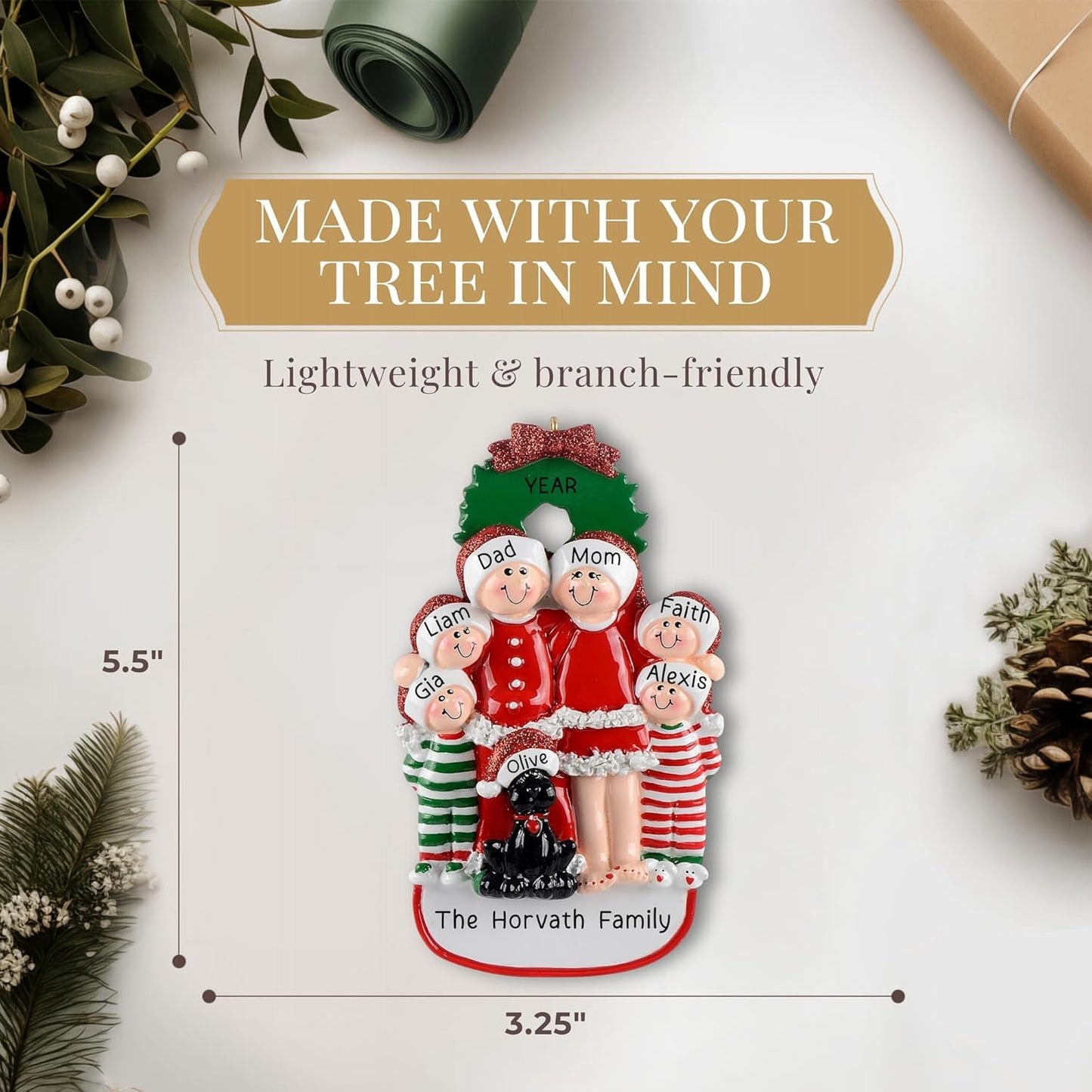 Personalized Family of 6 with Dog Ornament 2025 | Free 24h Customization | Christmas Ornaments for Tree | Custom Gift Wrapped Black Pet Keepsake for Dog-Lovers