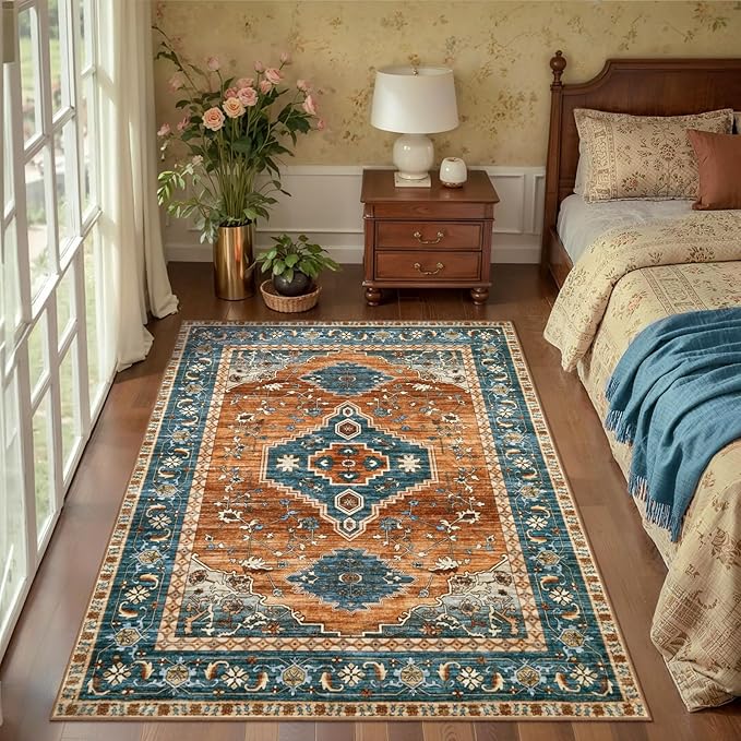 Tangsoo Oriental 3X5 Washable Rugs for Entryway, Non Slip Vintage Indoor Accent Rug Carpet, Boho Soft Low Pile Tumble Rug for Living Room Dining Bedroom Bedside Entry Home Decor Orange Blue