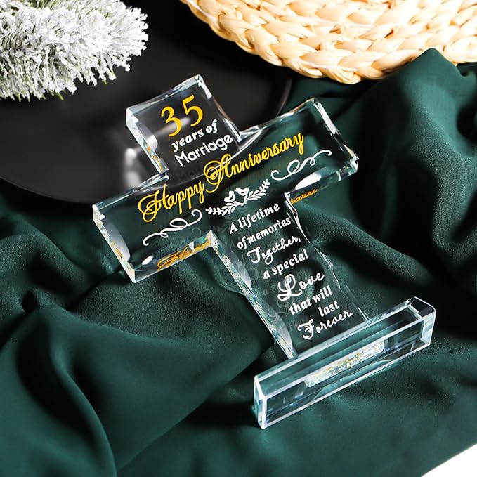 YWHL 35th Wedding Anniversary Cross Gifts for Her Him, Unique Glass Cross Gifts with Romantic Quote, 35 Years of Marriage Gifts for Couple, Standing Cross Gifts for 35th Anniversary Decoration