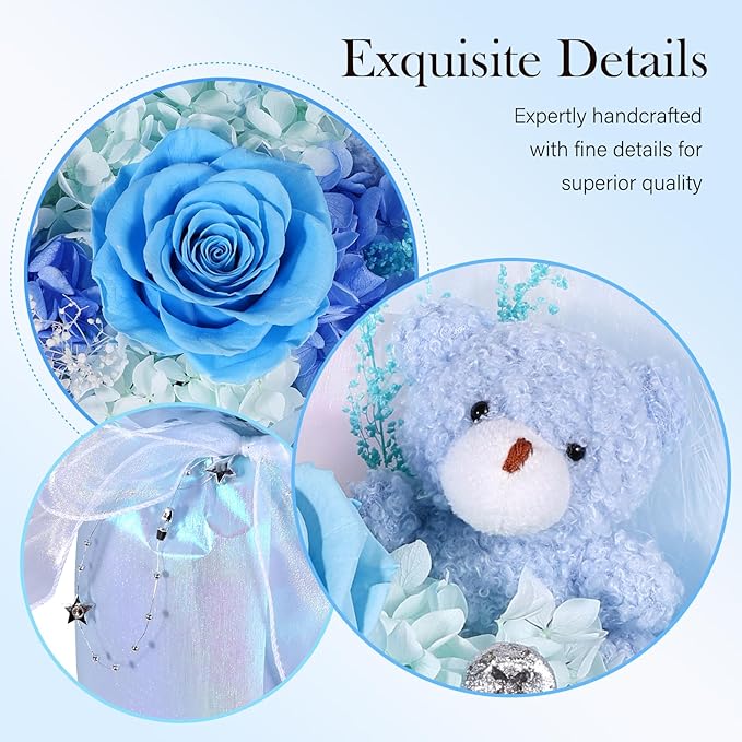 Preserved Flowers Bouquet with Bear, Real Forever Flowers for Delivery, Long-Lasting Blue Eteranl Roses Bouquet, Mothers Day Gifts for Mom Grandma Wife, Anniversary Birthday Gifts for Women Girlfriend